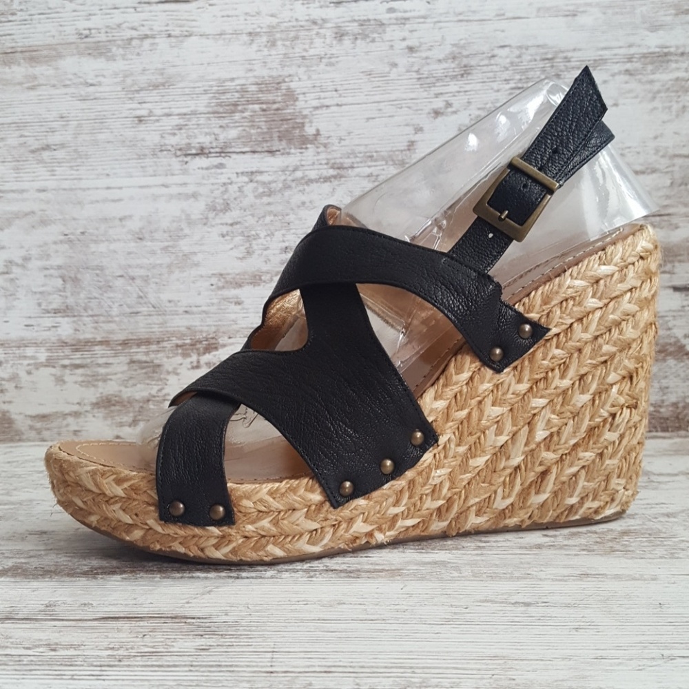 Kenneth Cole Strappy Black Leather Woven Jute Platform Wedge Sandal